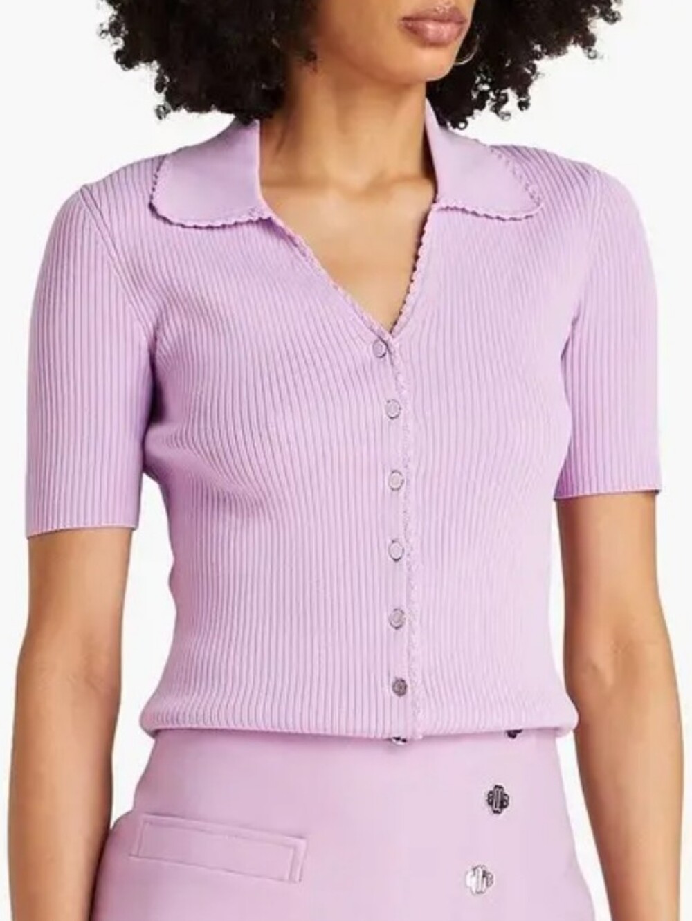 Maje Parma Lilac Scalloped Short-Sleeve Ribbed Knit Buttoned Polo Mimosalia